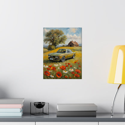 1973 BMW 30 CSL Wall Art Taiga Green Spring Poppy Field Countryside Barn Poster Classic German Sports Coupe Oil Painting Fine Art Print for Home Office Decor