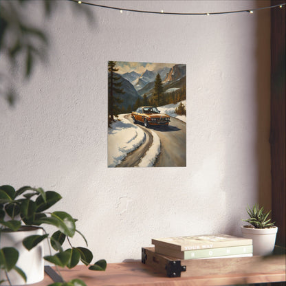 1973 BMW 30 CSL Wall Art Inka Orange Bronze Alpine Mountain Pass Snow Road Poster Classic German Sports Coupe Oil Painting Fine Art Print for Home Office Decor