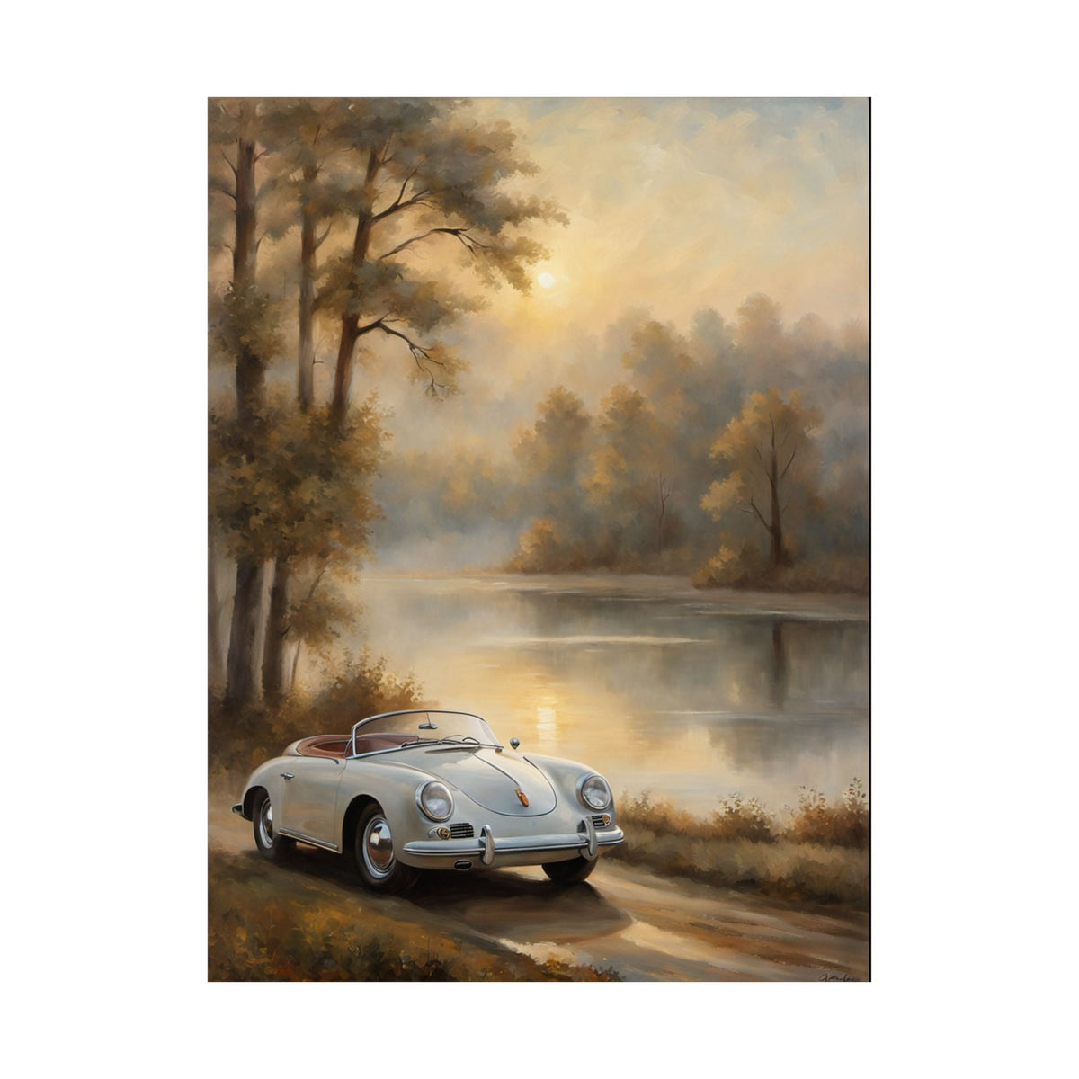 Vintage 1956 Porsche 356 Speedster Poster | Misty Lakeside Sunrise Wall Art | Impressionist European Classic Sports Car Fine Art Paper Print