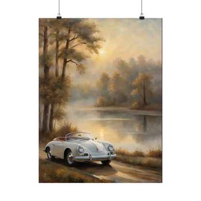Vintage 1956 Porsche 356 Speedster Poster | Misty Lakeside Sunrise Wall Art | Impressionist European Classic Sports Car Fine Art Paper Print