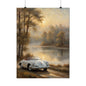 Vintage 1956 Porsche 356 Speedster Poster | Misty Lakeside Sunrise Wall Art | Impressionist European Classic Sports Car Fine Art Paper Print