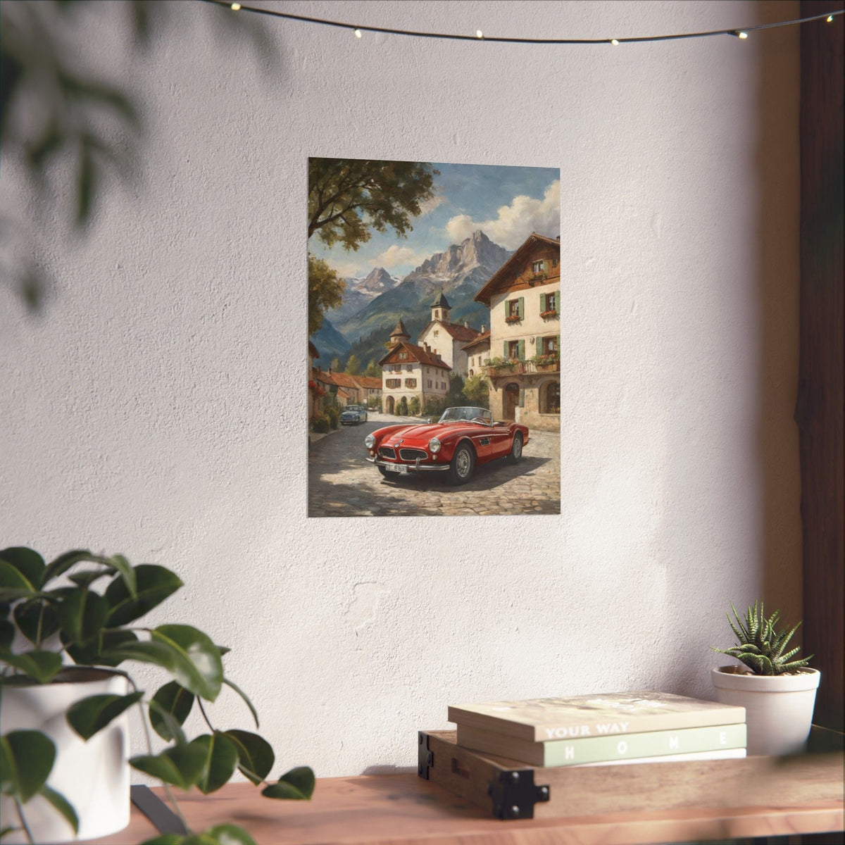 Vintage 1957 BMW 507 Roadster Poster | Bavarian Alpine Village Wall Art | Impressionist European Classic Sports Car Fine Art Paper Print
