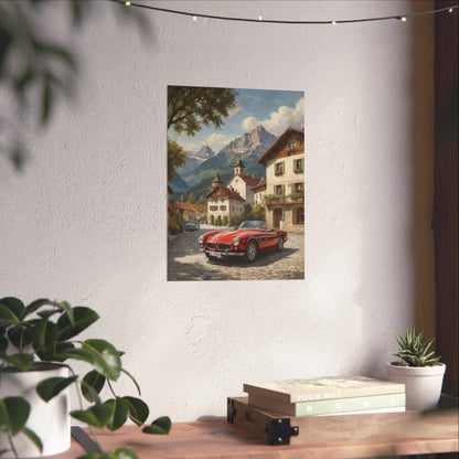 Vintage 1957 BMW 507 Roadster Poster | Bavarian Alpine Village Wall Art | Impressionist European Classic Sports Car Fine Art Paper Print
