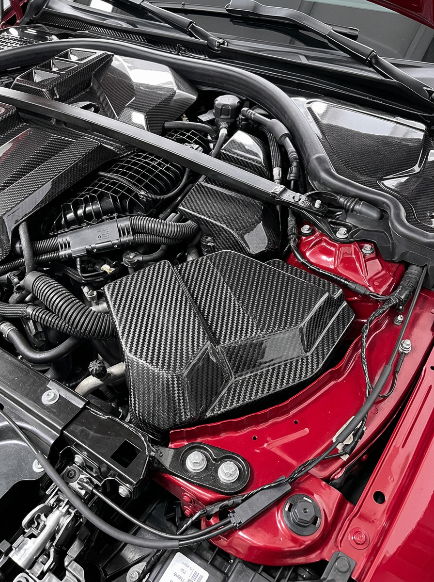 BMW 3/4 Series G80 G81 G82 G83 G87 carbon fiber ECU cover by K2 Industries, showing sleek black textured finish on engine compartment.
