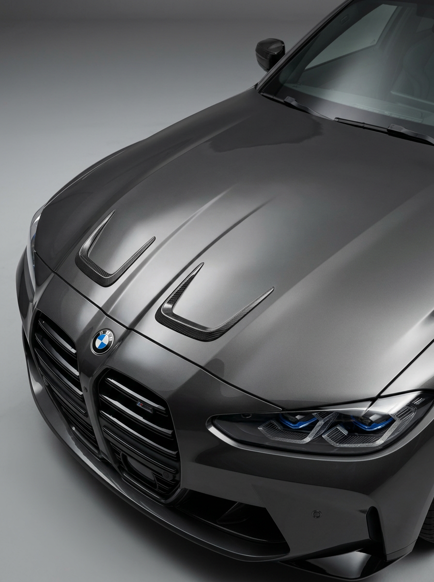 BMW 3/4 Series G80/G81/G82/G83 carbon fiber hood vents by K2 Industries, showcasing sleek, lightweight vent design on the hood.