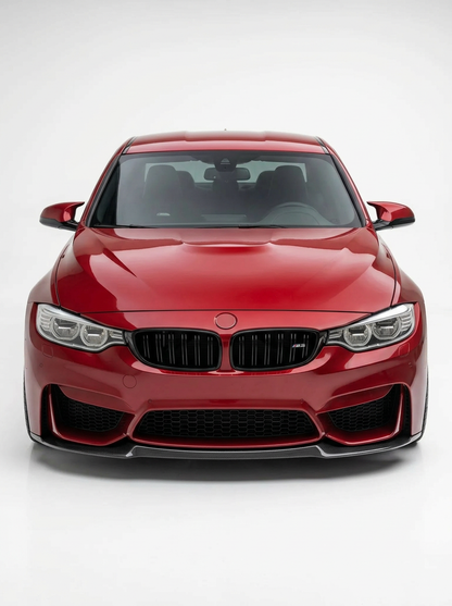 K2 Industries carbon fiber front lip for BMW 3 Series F80 M3 F82 F83 M4 CS style, 2015-2019, shown installed on the front bumper