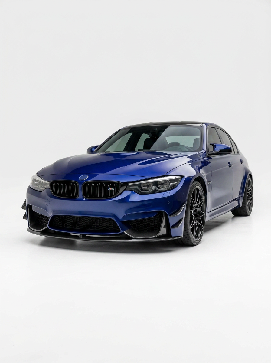 K2 Industries carbon fiber front lip for BMW 3 Series F80 M3 F82 F83 M4 M Performance style, showcasing sleek aerodynamic design.