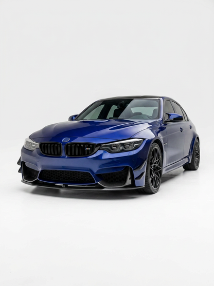 K2 Industries carbon fiber front lip for BMW 3 Series F80 M3 F82 F83 M4 M Performance style, showcasing sleek aerodynamic design.