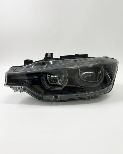 BMW 3 Series F30 F31 F35 V3 smoked triple-color LED headlight assembly with white, yellow, and red DRL by K2 Industries.