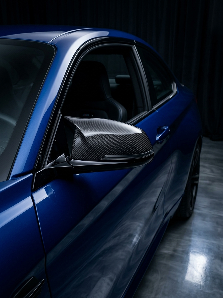 K2 Industries carbon fiber side mirror covers for BMW 1 and 2 Series F20, F21, F22, F32, F87 M135i, M140i, featuring sleek design.