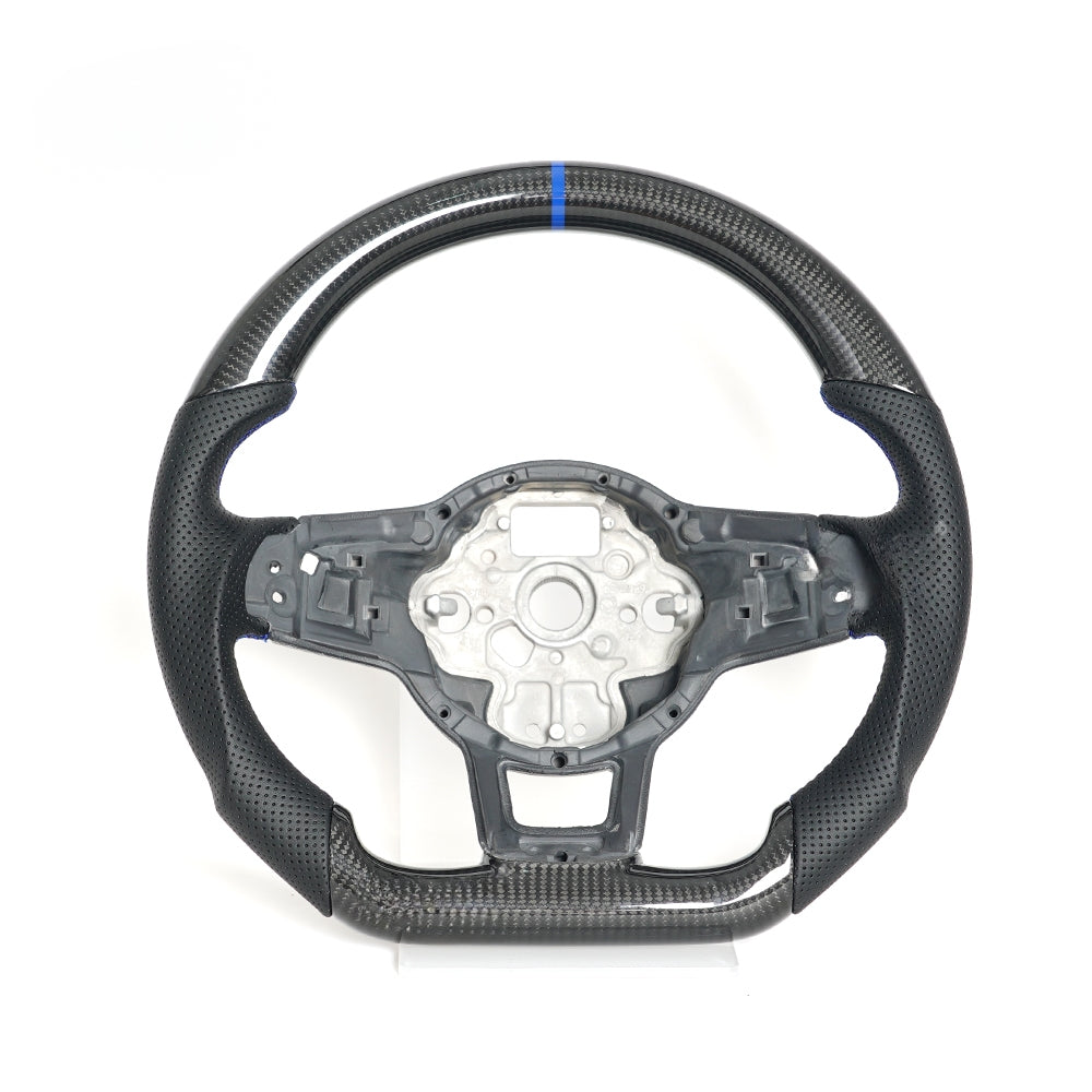 Vekto carbon fiber steering wheel for VW Golf 7 GTI R Mk7, close-up of sporty, textured steering wheel with carbon fiber finish.