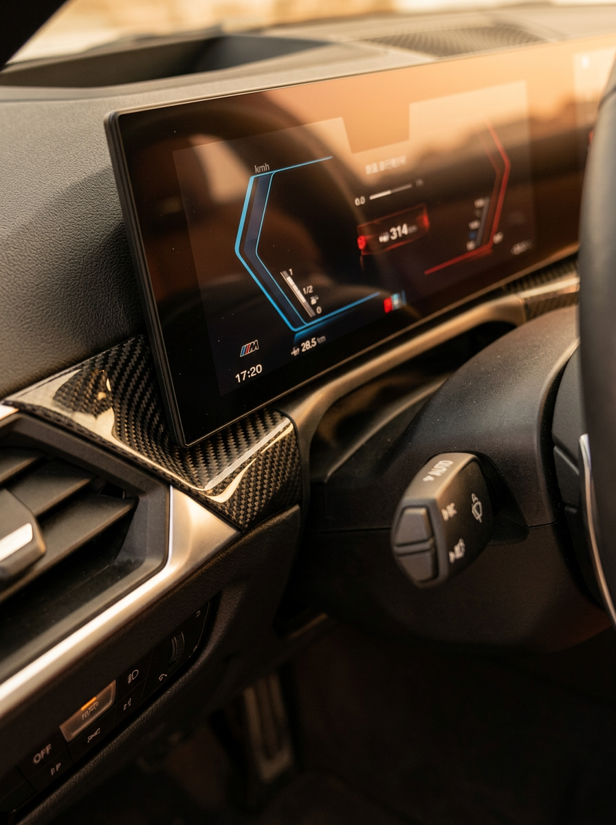 K2 Industries BMW 3/4 Series G80/G81/G82/G83/G87 carbon fiber dashboard trim installed in a 2021+ vehicle interior.