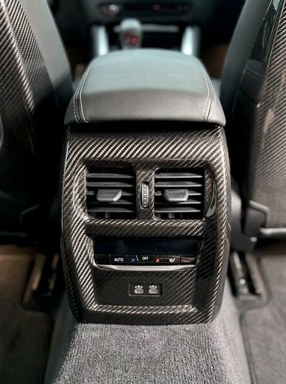 BMW 3 Series G80 G82 M3 M4 carbon fiber rear console trim, interior accessory by K2 Industries, showcasing sleek textured finish