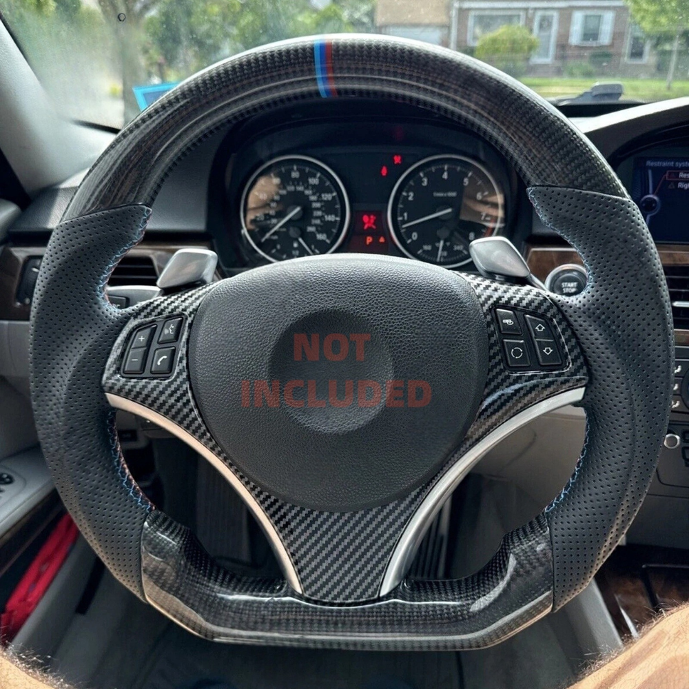 Vekto real carbon fiber steering wheel for BMW E90 E92 E93 M3 328i 335i 135i 2007-2013 with sleek textured surface.