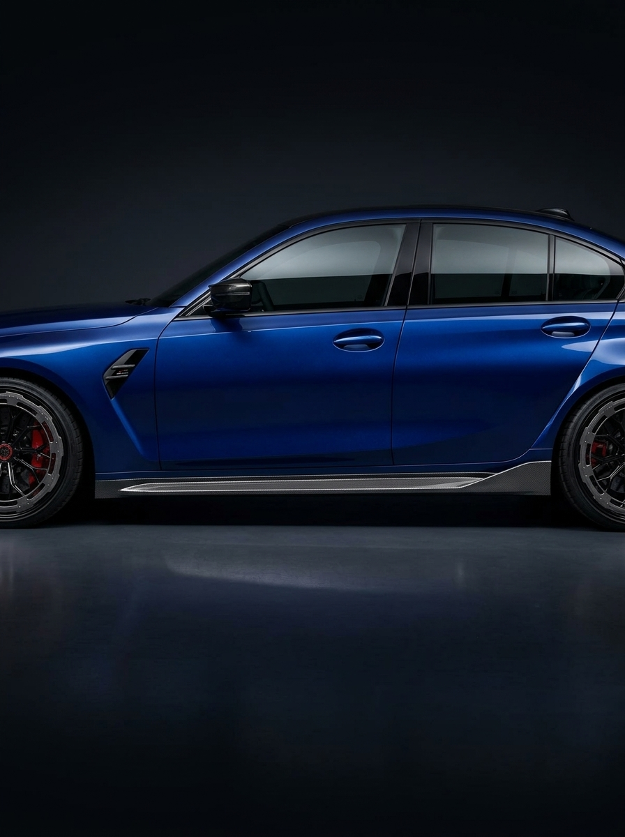 BMW 3/4 Series G80 G81 G82 G83 MP Style carbon fiber side skirts by K2 Industries, shown on a 2019-2024 model.