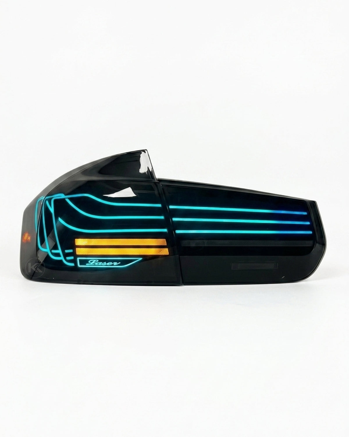 BMW 3-Series F30/F80 CSL laser style tail lights with RGB color-changing feature installed on 2013-2018 models, by K2 Industries.