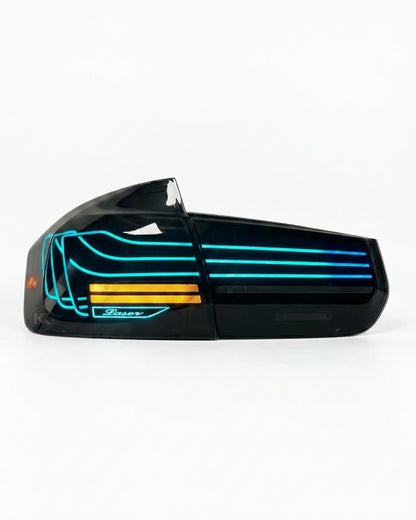 BMW 3-Series F30/F80 CSL laser style tail lights with RGB color-changing feature installed on 2013-2018 models, by K2 Industries.