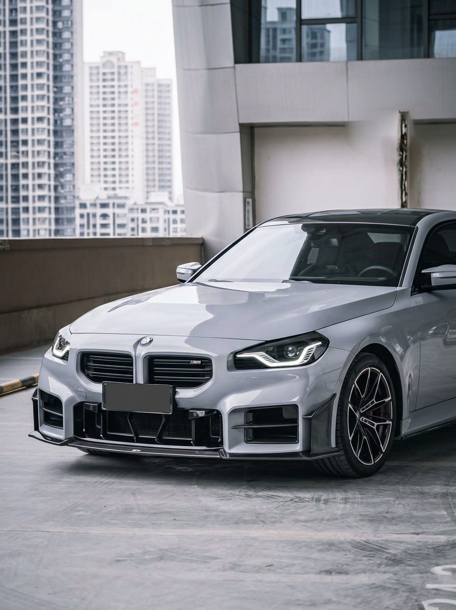 BMW 2 Series G87 M2 carbon fiber front bumper center lower grille kit by K2 Industries, showcasing sleek, lightweight design.