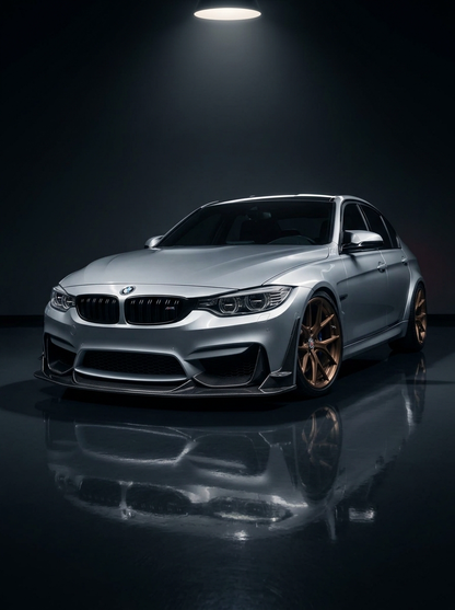 K2 Industries BMW 3 Series F80 M3 F82 F83 M4 carbon fiber front lip, sleek aerodynamic design for 2015-2021 models.
