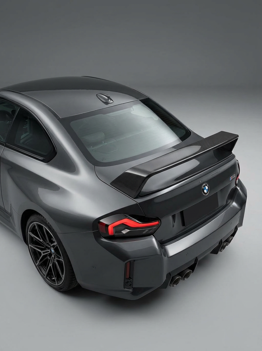 BMW 2 Series G87 M2 carbon fiber MP style wing by K2 Industries, showcasing sleek, aerodynamic design on the car.
