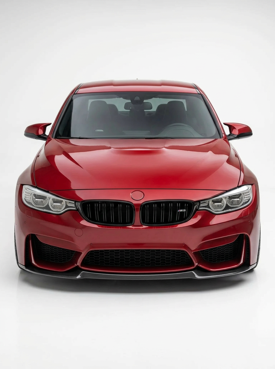 K2 Industries carbon fiber front lip for BMW 3 Series F80 M3 F82 M4 CS style, sporty aerodynamic design for 2015-2019 models.