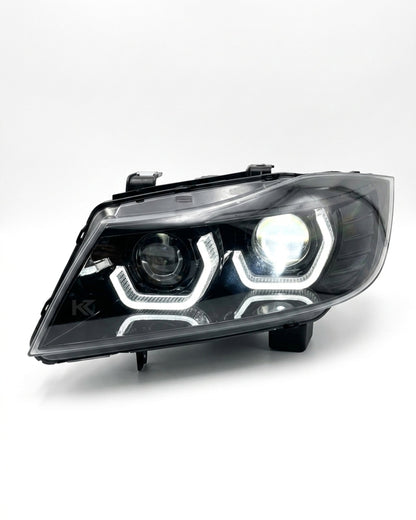 BMW 3-Series E90/E91 headlights by K2 Industries, featuring modern TRON-style design for models 2005-2012.