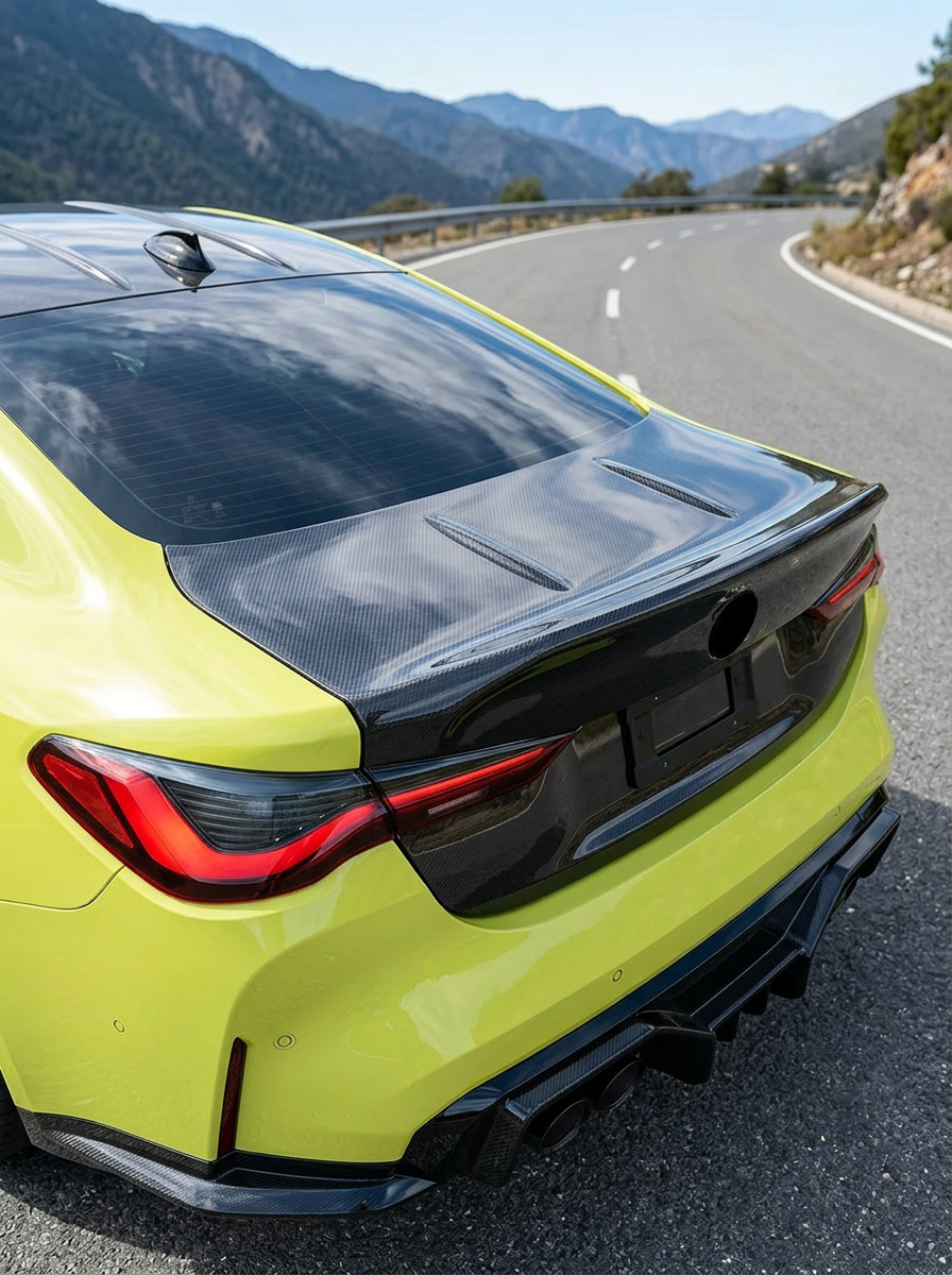 BMW 4 Series G82 carbon fiber CSL trunk by K2 Industries, showcasing lightweight, aerodynamic design with a glossy finish.