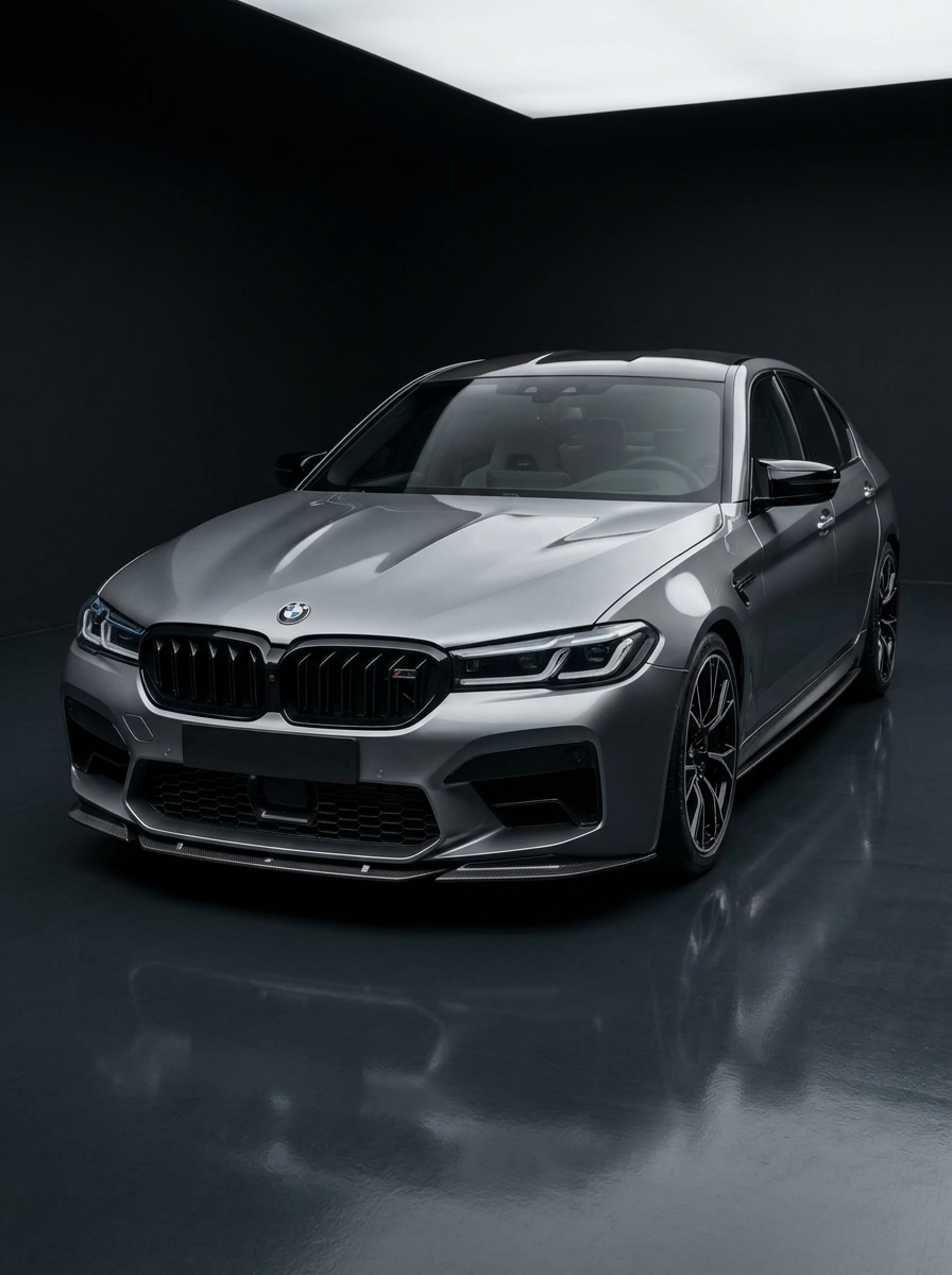 BMW 5 Series F90 M5 LCI ST Style carbon fiber front lip, sporty aerodynamic design for 2020+ models, by K2 Industries.