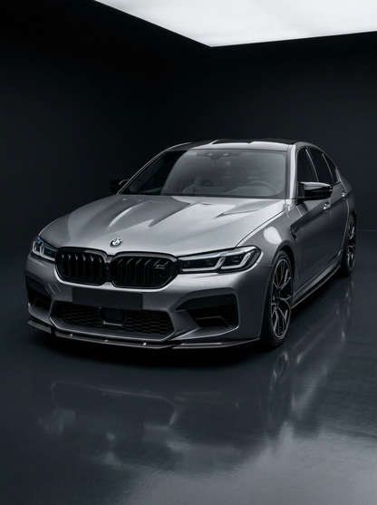 BMW 5 Series F90 M5 LCI ST Style carbon fiber front lip, sporty aerodynamic design for 2020+ models, by K2 Industries.