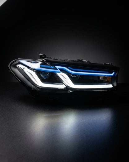 BMW 5-Series G38 G30 Laser LED headlights by K2 Industries showing sleek headlamp design with bright LED lighting elements.