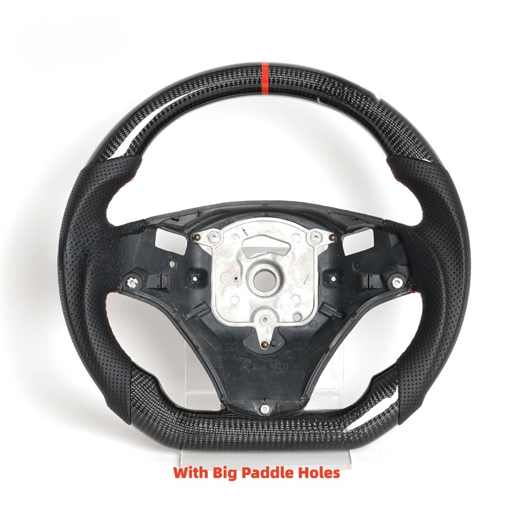 Vekto LED carbon fiber steering wheel with paddle shifter cutouts for BMW E90 E92 E93 M3, 328i, 335i, showing sleek design and details