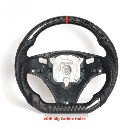 Vekto LED carbon fiber steering wheel with paddle shifter cutouts for BMW E90 E92 E93 M3, 328i, 335i, showing sleek design and details