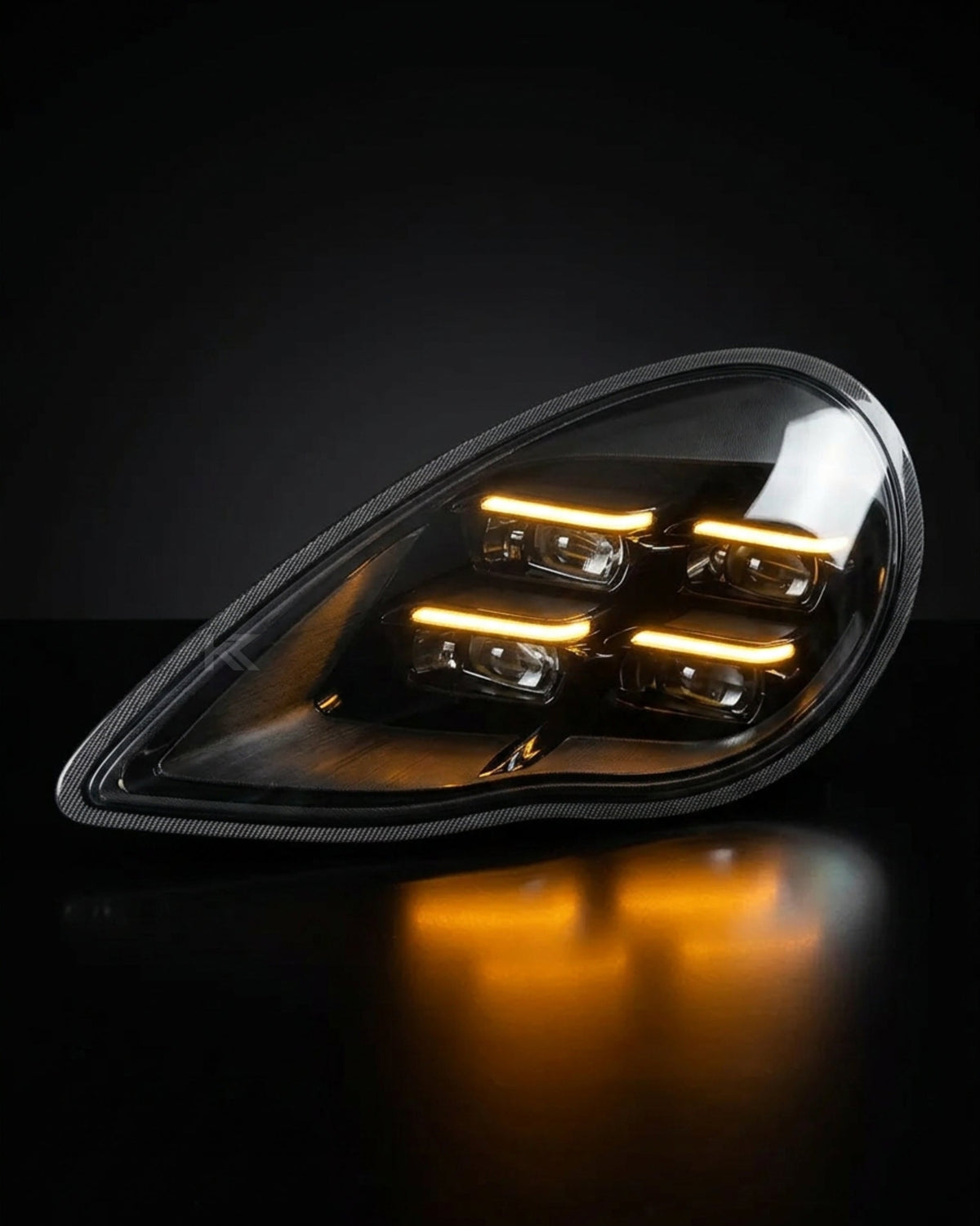 K2 Industries LED headlight assembly for Porsche Panamera 970.1 2010-2013 with dual-color DRL, clear lens and modern design.