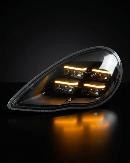 K2 Industries LED headlight assembly for Porsche Panamera 970.1 2010-2013 with dual-color DRL, clear lens and modern design.