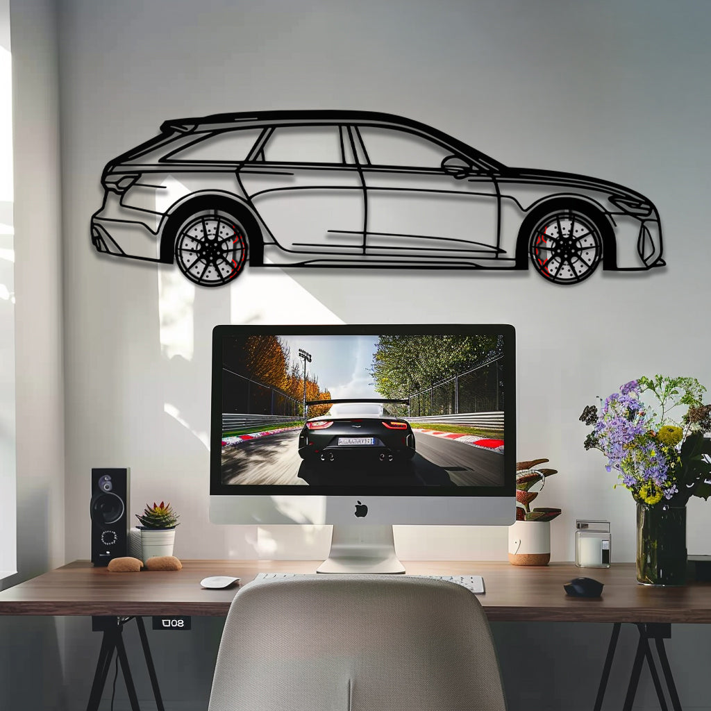 Audi RS6 Avant Metal Car Wall Art with Rotating Wheels - Super Wagon Silhouette Decor - Interactive Automotive Wall Art - KAFMEKA098