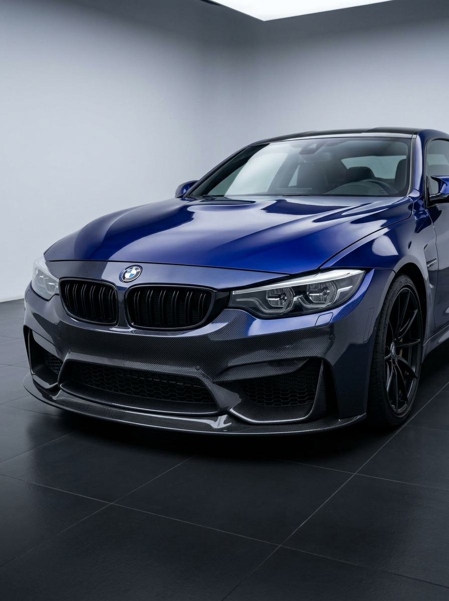 BMW 3 Series F80 F82 F83 carbon fiber 3D front bumper by K2 Industries, showing the sleek, textured design and fitment details.