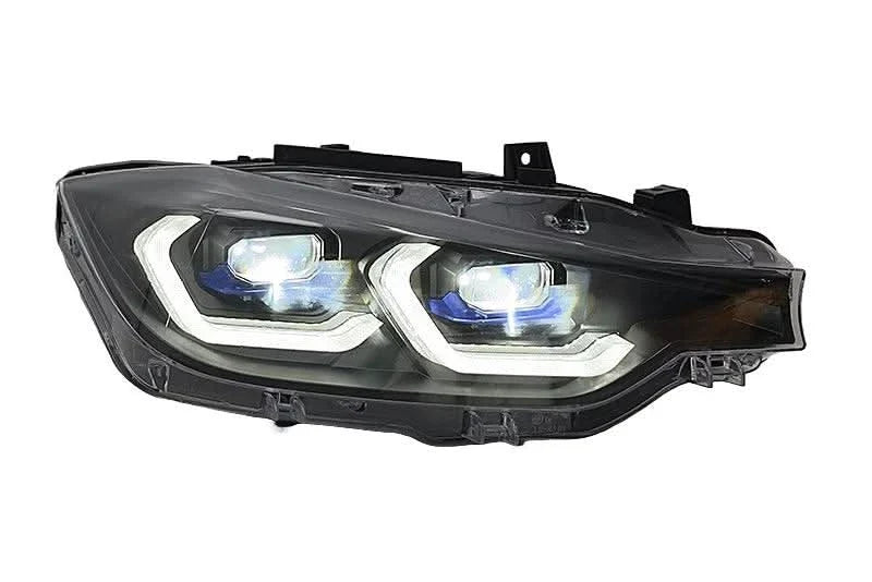 BMW 3 Series F30 F35 F31 headlights by K2 Industries with modern laser-style design, shown on a vehicle.