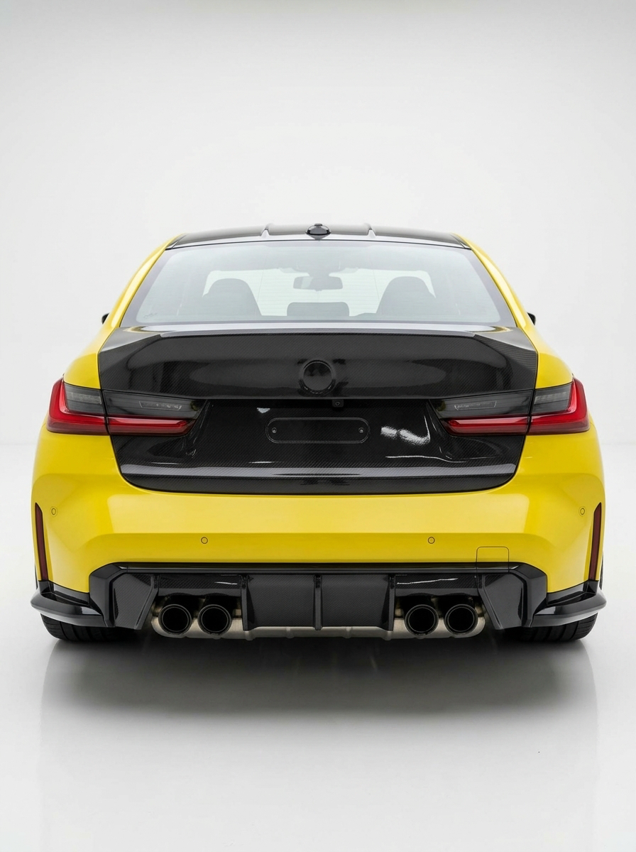BMW 3 Series G80 M3 CSL style carbon fiber trunk by K2 Industries, showcasing lightweight, glossy carbon fiber design on the car's rear.