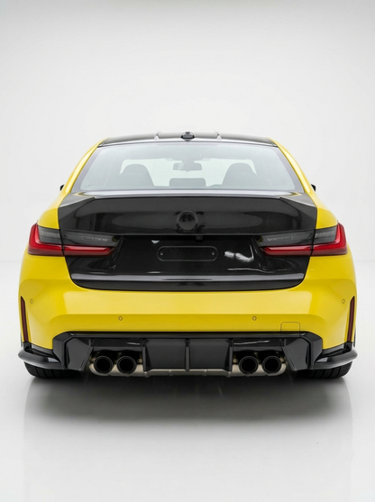 BMW 3 Series G80 M3 CSL style carbon fiber trunk by K2 Industries, showcasing lightweight, glossy carbon fiber design on the car's rear.