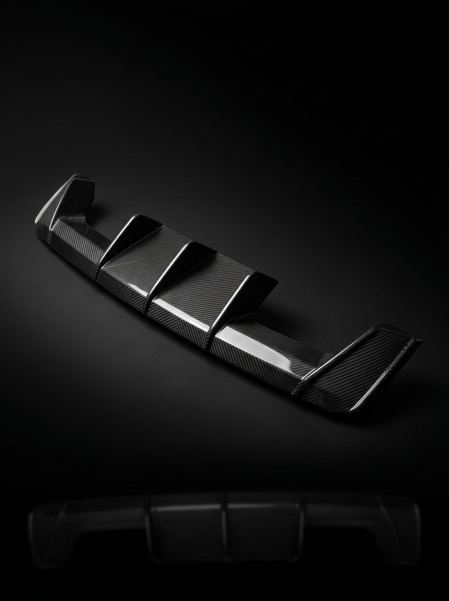 K2 Industries BMW 3 Series G80 M3 G82 G83 M4 Euro style carbon fiber rear diffuser, showing sleek textured finish and aerodynamic design.