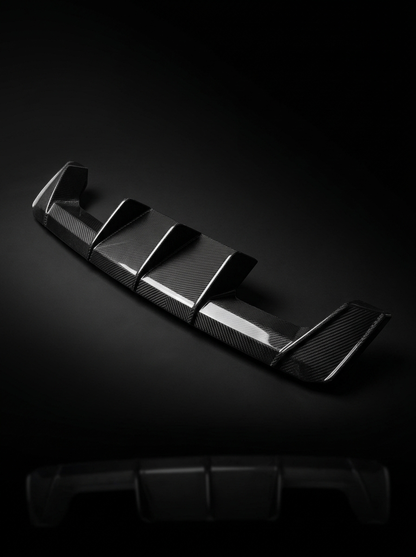 K2 Industries BMW 3 Series G80 M3 G82 G83 M4 Euro style carbon fiber rear diffuser, showing sleek textured finish and aerodynamic design.