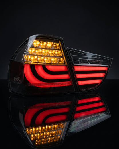 BMW 3 Series E90 upgraded LED tail light assembly by K2 Industries, showing the sleek red and clear lens design for model 2009-2012.