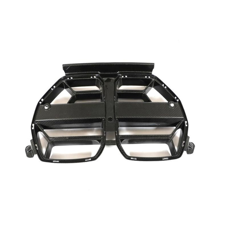 Carbon fiber kidney grille for BMW G80 M3 and G82 M4 by Palenon Performance, featuring sleek, textured design for sporty look.