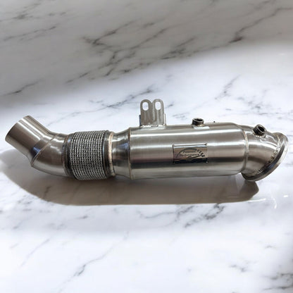 Palenon Performance 5 Inch B58 Downpipe for BMW Supra, M340i, M440i, X5, X7, and other B58 models showing the metal pipe and flanges.