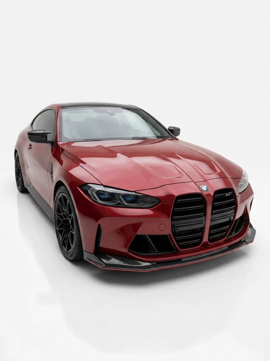 BMW 3 Series M3 M4 G80 G82 V Style carbon fiber front lip by K2 Industries on a 2019+ model, showcasing sleek aerodynamic design.