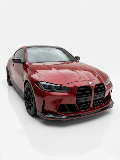 BMW 3 Series M3 M4 G80 G82 V Style carbon fiber front lip by K2 Industries on a 2019+ model, showcasing sleek aerodynamic design.