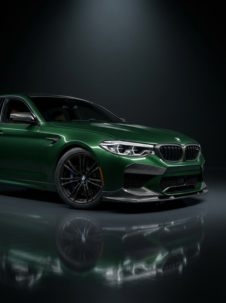 BMW 5 Series F90 M5 3D style carbon fiber front lip by K2 Industries, showcasing the sleek, textured carbon fiber design on the car's front bumper.