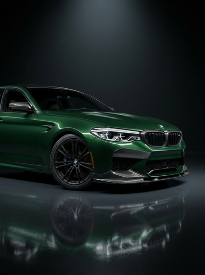 BMW 5 Series F90 M5 3D style carbon fiber front lip by K2 Industries, showcasing the sleek, textured carbon fiber design on the car's front bumper.
