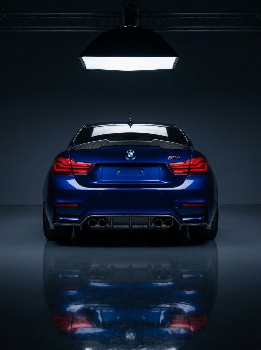 BMW 4 Series F82 M4 PSM Style carbon fiber trunk spoiler by K2 Industries, showing its sleek aerodynamic design on the vehicle.