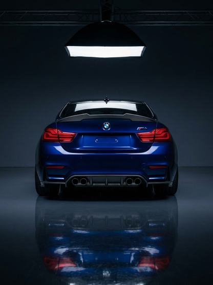 BMW 4 Series F82 M4 PSM Style carbon fiber trunk spoiler by K2 Industries, showing its sleek aerodynamic design on the vehicle.